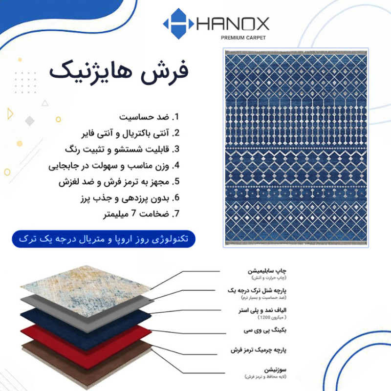 فرش ماشینی 1000 شانه زمینه آبی حاشیه طوسی هانوکس مدل مراکشی کد MHX.009.2