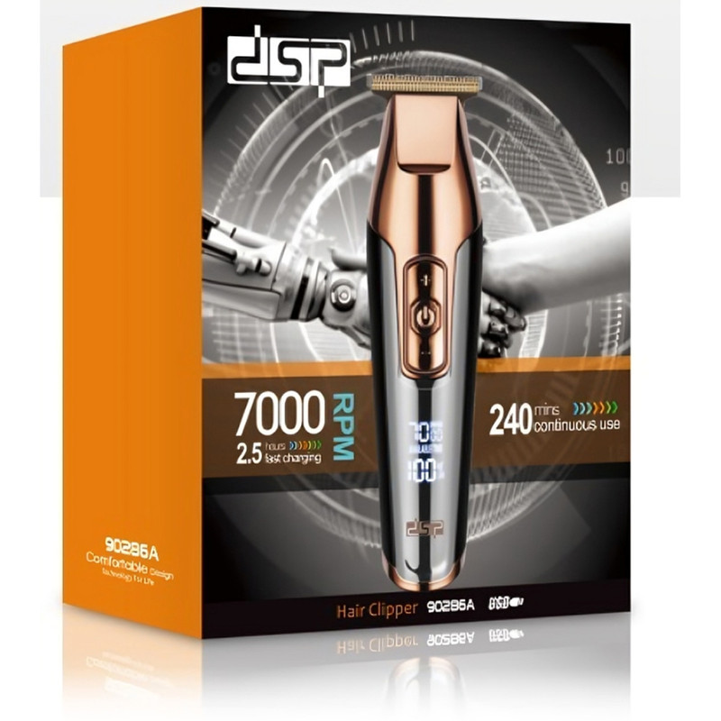 ماشین اصلاح موی سر و صورت دی اس پی مدل 90286A با تیغه استیل پیشرفته، قابلیت تنظیم سرعت تا 7000 دور در دقیقه، باتری شارژی با 240 دقیقه زمان استفاده، شانه‌های 1 تا 12 میلی‌متر و کیف همراه