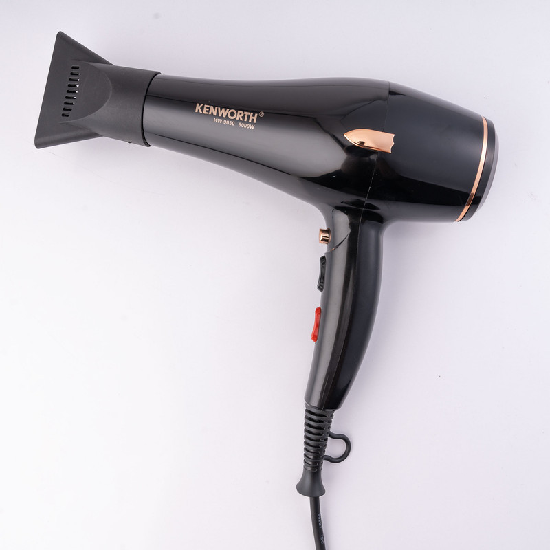 سشوار حرفه‌ای 2400 وات کنورث مدل KW-9030، موتور AC، وزن 1050 گرم، المنت فلز، دارای سری متمرکز‌کننده باریک، متمرکز‌کننده پهن با ویژگی صاف‌کنندگی، با قابلیت فناوری تولید یون