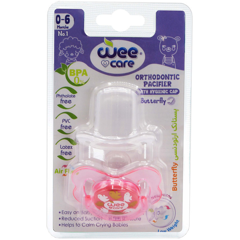 پستانک ارتودنسی وی کر مدل دربدار دسته دار شفاف چاپدار پروانه ای سایز 0-6 ماه کد P127