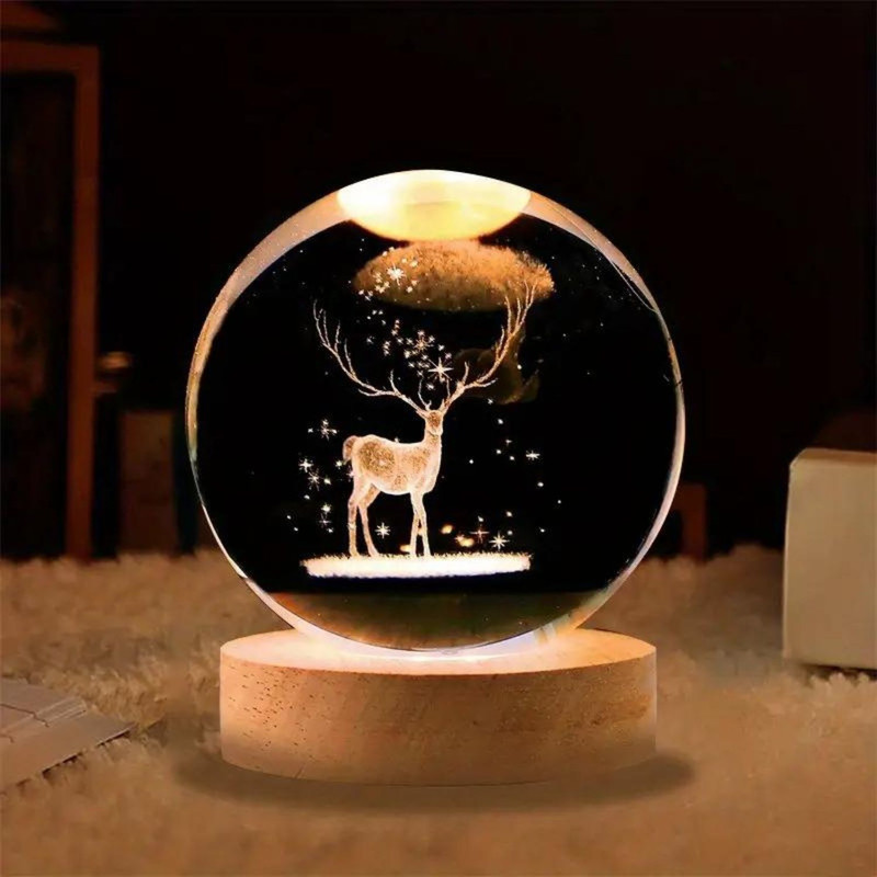 چراغ خواب مدل گوی شیشه ای 3D طرح گوزن کد M20