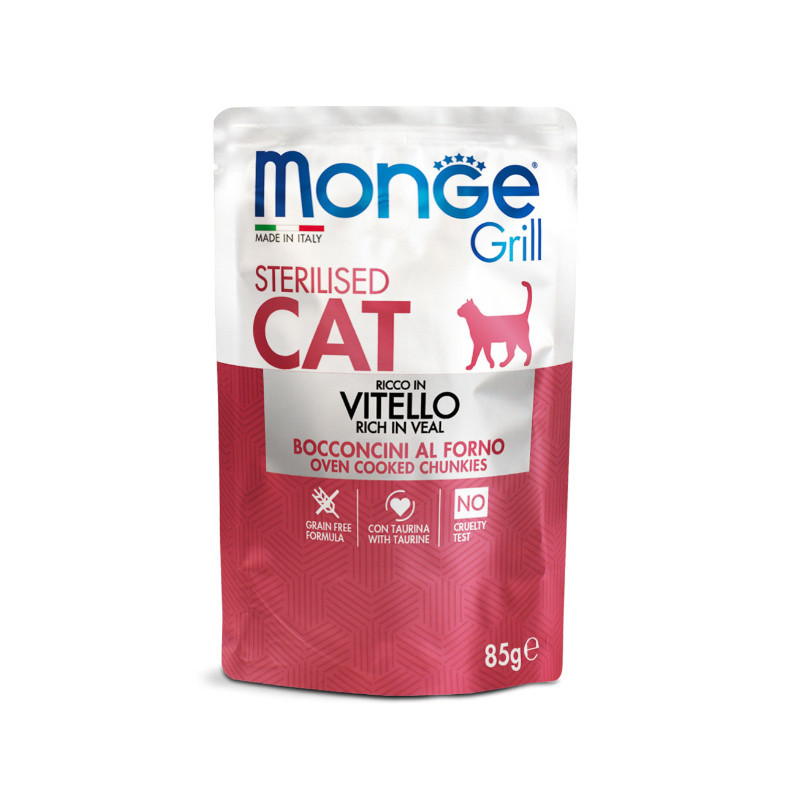 پوچ گربه بالغ عقیم شده مونژه مدل Monge Grill Sterilised Chunkies in Jelly با طعم گوشت گوساله وزن 85 گرم