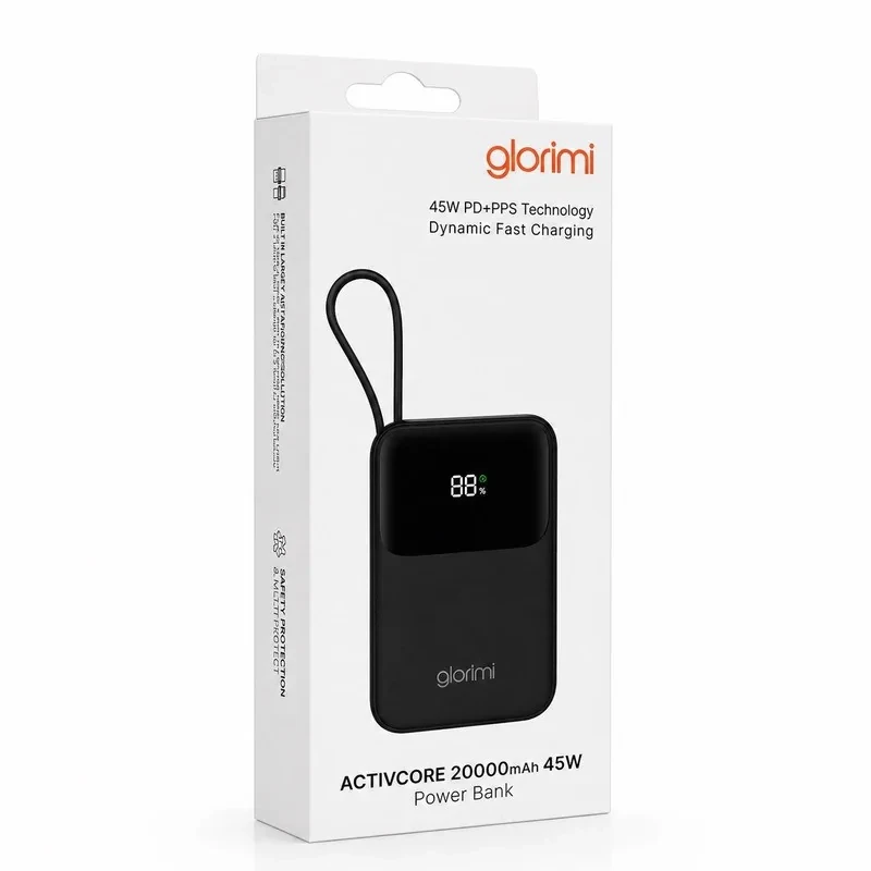 پاوربانک 45 وات گلوریمی مدل ACTIVECORE ظرفیت 20000 میلی‌آمپرساعت به همراه دو کابل USB-C و لایتنینگ