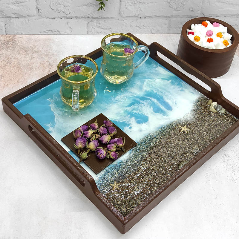 سینی چوب و رزین مدل دستساز طرح ساحل دریا