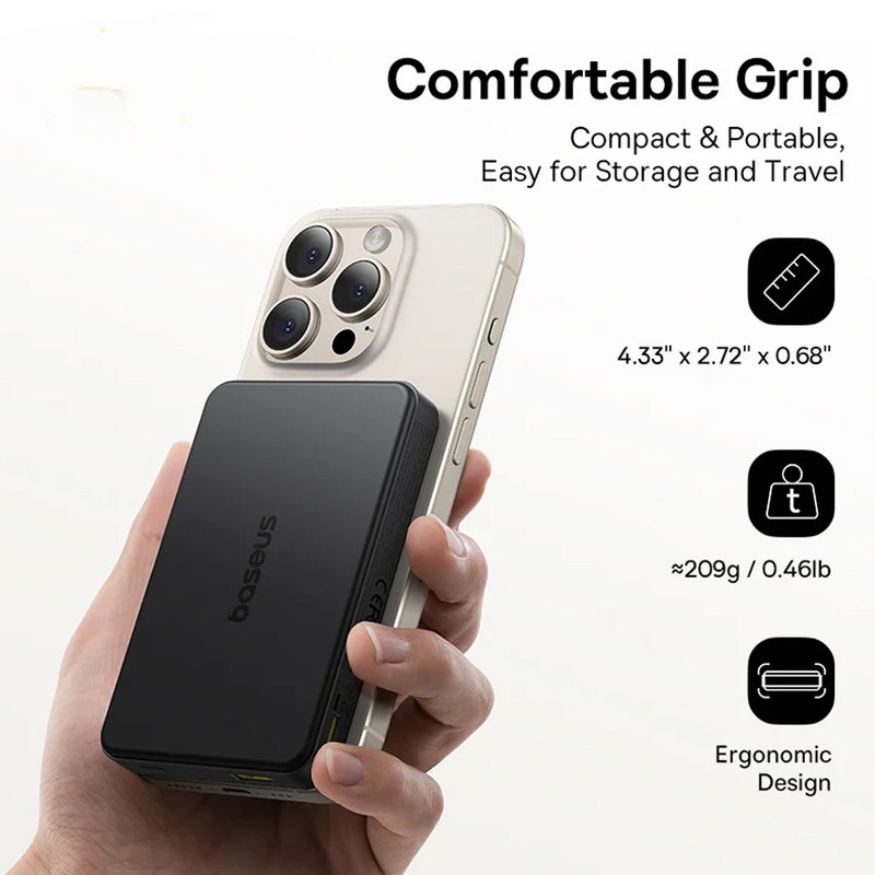 پاوربانک بی‌سیم 22.5 وات بیسوس مدل Airpow Ⅱ Qi2 Magnetic ظرفیت 10000 میلی‌آمپر ساعت