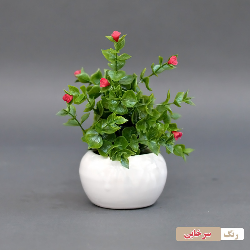 گلدان به همراه گل مصنوعی بوته شمشاد، ابعاد 10×10×18 سانتی‌متر، وزن 150 گرم