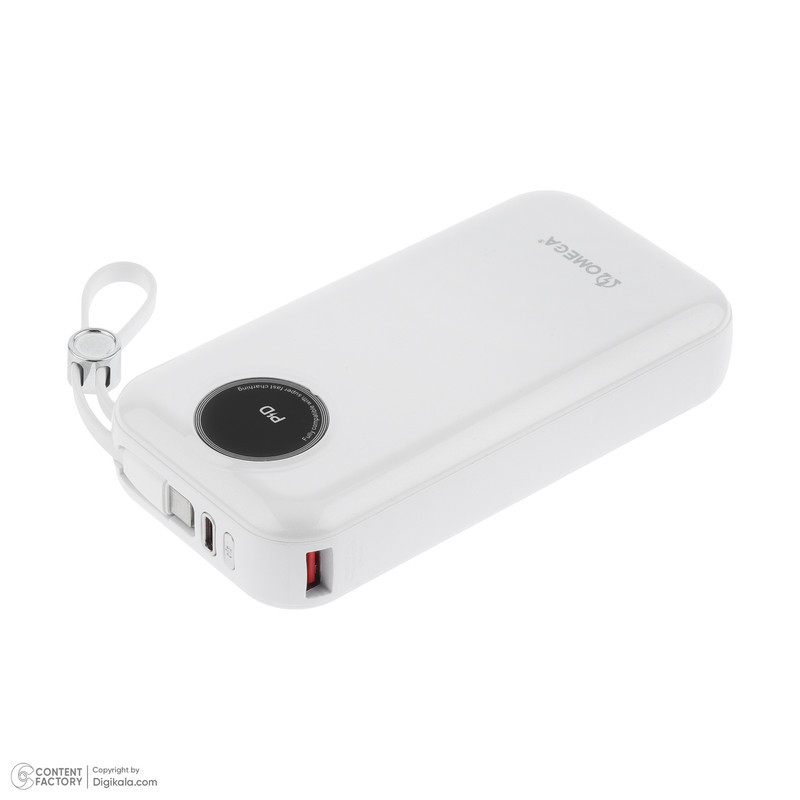 پاوربانک 22.5 وات امگا مدل PB2005 ظرفیت 20000 میلی‌آمپرساعت به همراه کابل USB-C به USB-Cلایتنینگ