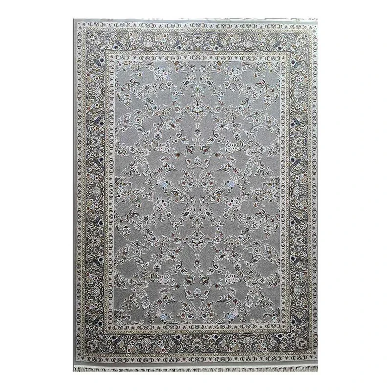 فرش ماشینی 700 شانه فرش زمرد مشهد زمینه نقره‌ای حاشیه سیلور مدل 30004