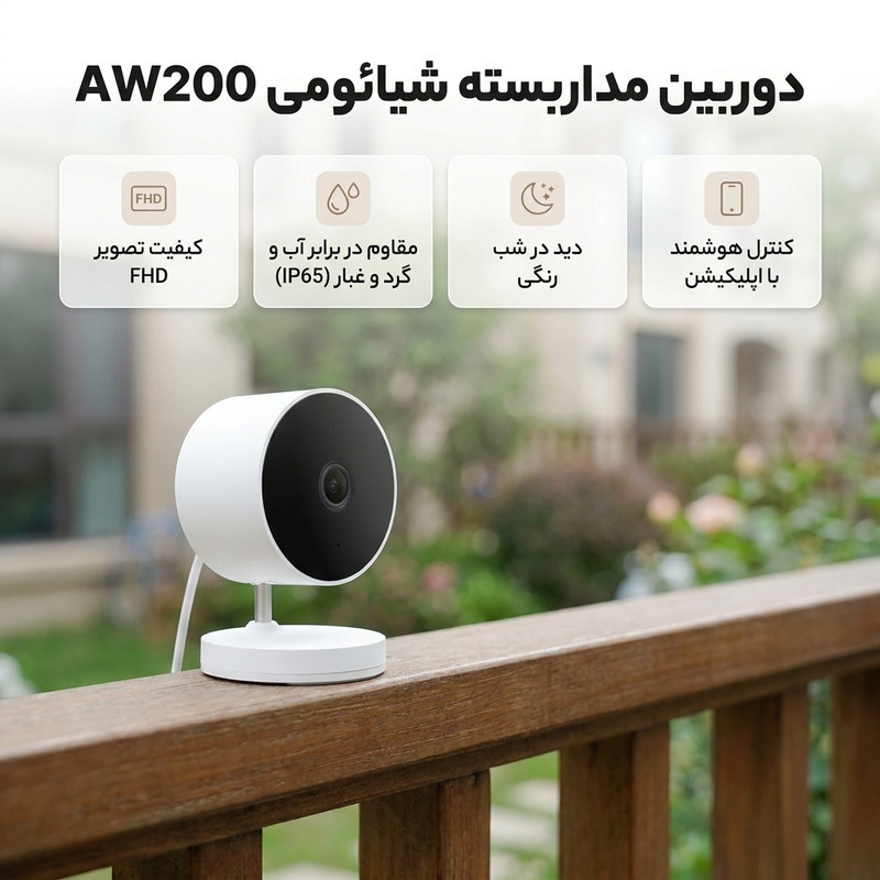 دوربین مداربسته تحت شبکه فضای باز شیائومی مدل AW200 با کیفیت تصویر FHD، استاندارد IP65، دید در شب رنگی با ال‌ای‌دی 940 نانومتری، اتصال بی‌سیم و کنترل از طریق اپلیکیشن و دستیار صوتی
