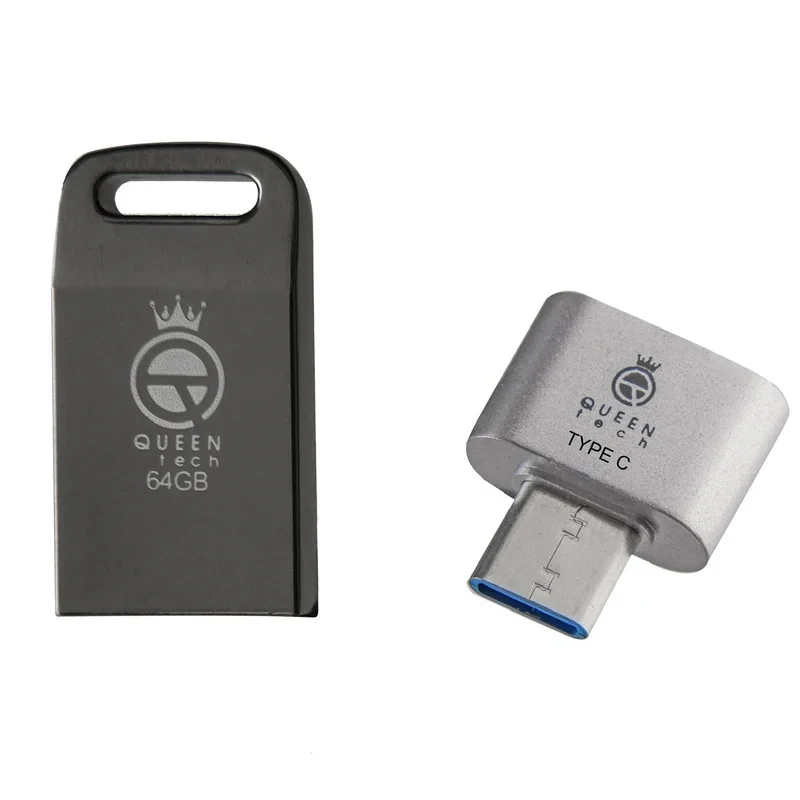 فلش مموری 64 گیگابایت کوئین تک مدل UNIQUE C-PLUS با بدنه فلزی و مبدل USB-C OTG