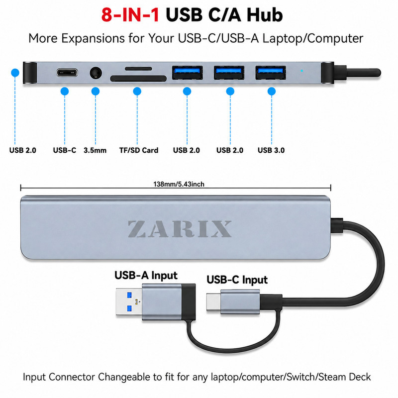 هاب 8 پورت USB 3.0USB-C زاریکس مدل Z8 Pro