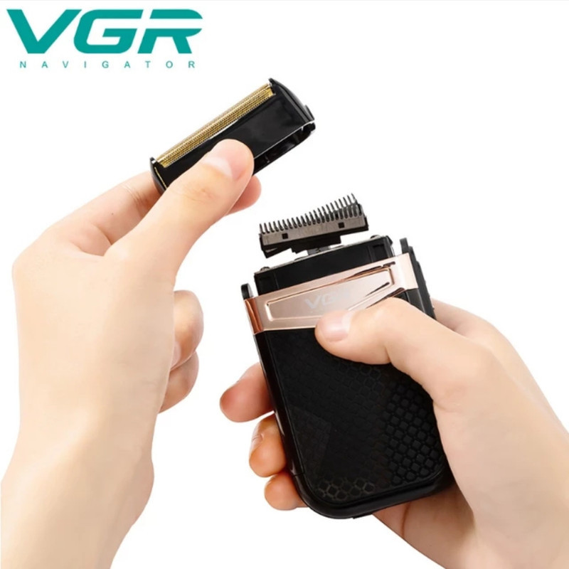 ماشین اصلاح موی صورت وی جی ار مدل 331 ضدآب با طراحی ارگونومیک، تیغه استیل پیشرفته سه‌تیغه، شارژ USB و قابلیت استفاده خشک و مرطوب
