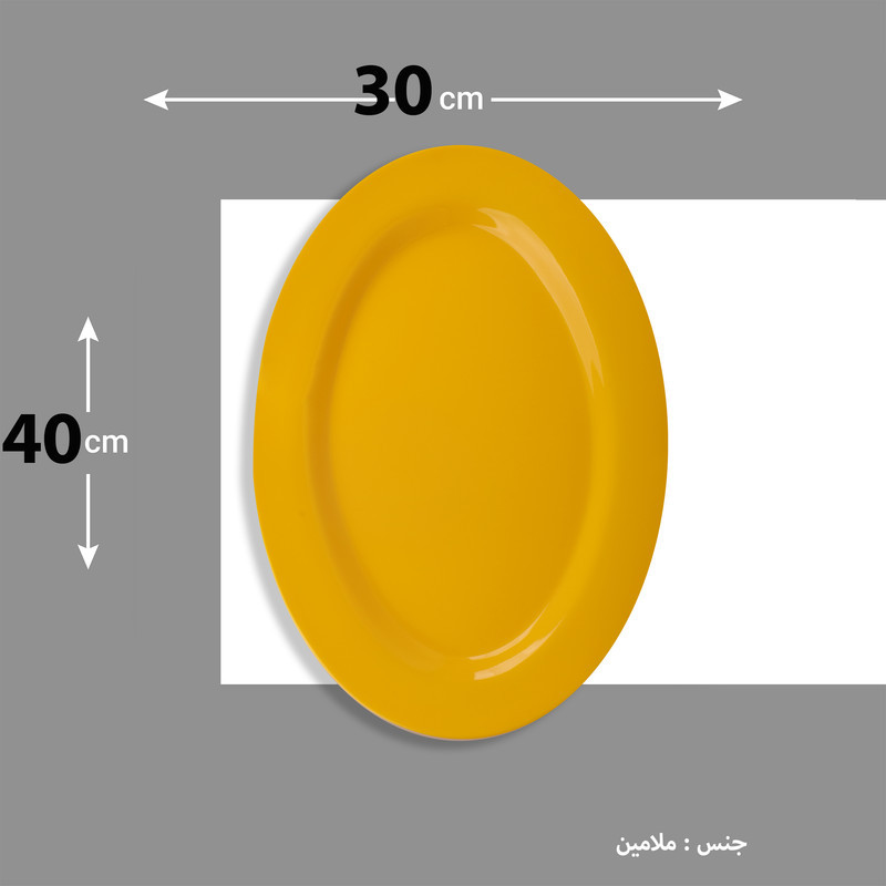 دیس بیضی ملامین مدل 421 مناسب سرو برنج با ابعاد 30×40 سانتی‌متر، شستشو با دست، غیرقابل استفاده در مایکروویو و فر