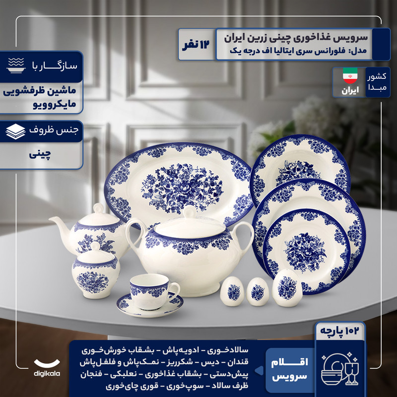سرویس غذاخوری 102 پارچه 12 نفر چینی زرین ایران مدل فلورانس سری ایتالیا اف درجه یک