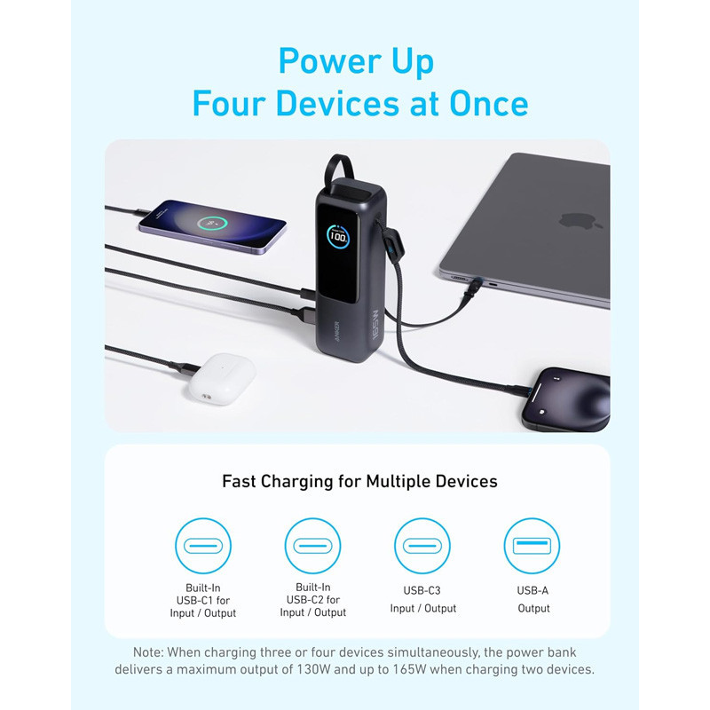 پاوربانک 100 وات انکر مدل A1695 ظرفیت 25000 میلی آمپر ساعت به همراه دو کابل USB-C