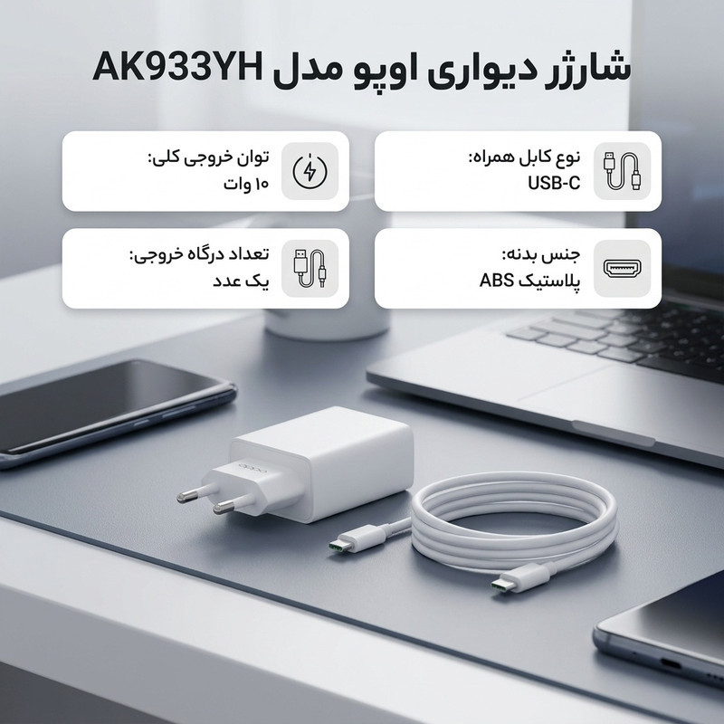 شارژر دیواری 10 وات اوپو مدل AK933YH به همراه کابل USB-C