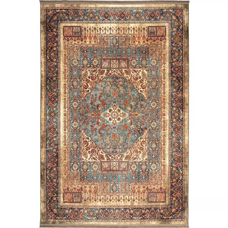 فرش ماشینی 1200 شانه زمینه کرم خاکی حاشیه سبز طرح هلنا کد25NH0010