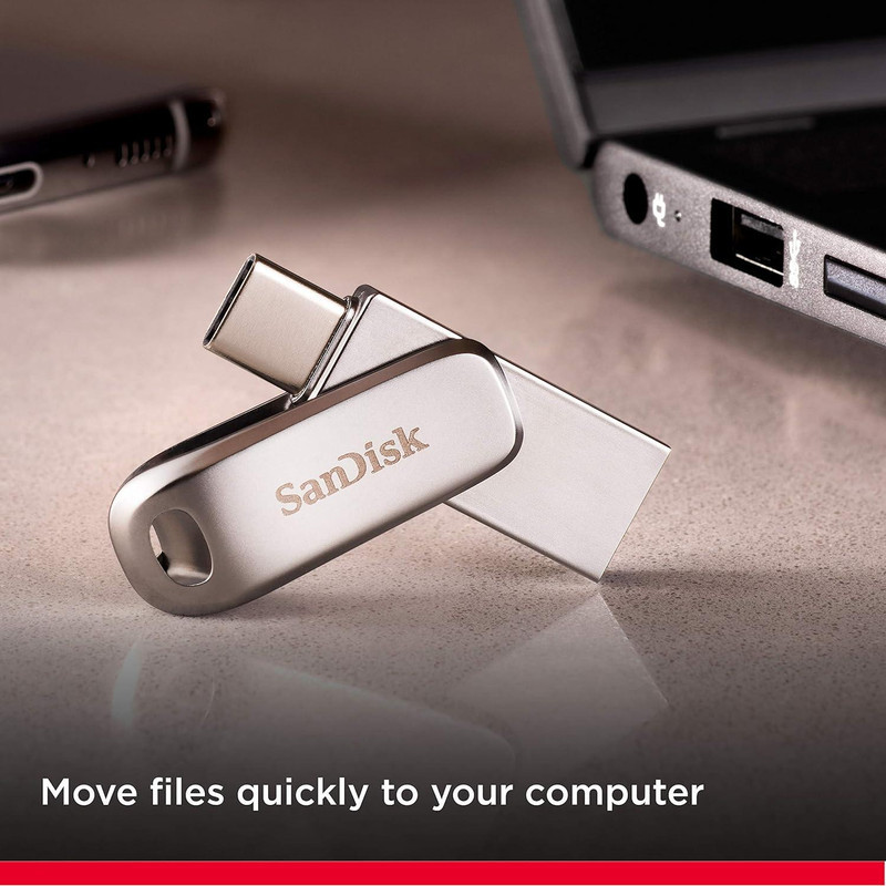 فلش مموری سن دیسک Ultra Dual Drive Luxe ظرفیت 1 ترابایت با دو رابط USB Type-C و USB Type-A، طراحی تاشو، فلزی، سازگار با ویندوز، مک، اندروید و iOS، استاندارد USB 3.2 Gen2