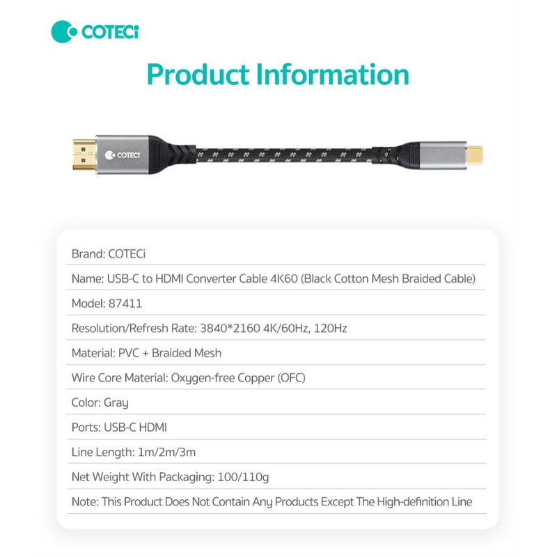 کابل تبدیل HDMI به USB-C کوتسی  مدل 87411 طول 2 متر