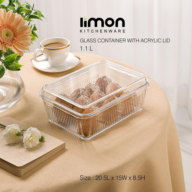 ظرف سرو و نگهدارنده بیسکوییت لیمون مدل درب آکرولیک DH2260 شیشه‌ای مستطیل، سازگار با مایکروویو، قابل شست‌وشو با دست و ماشین ظرفشویی