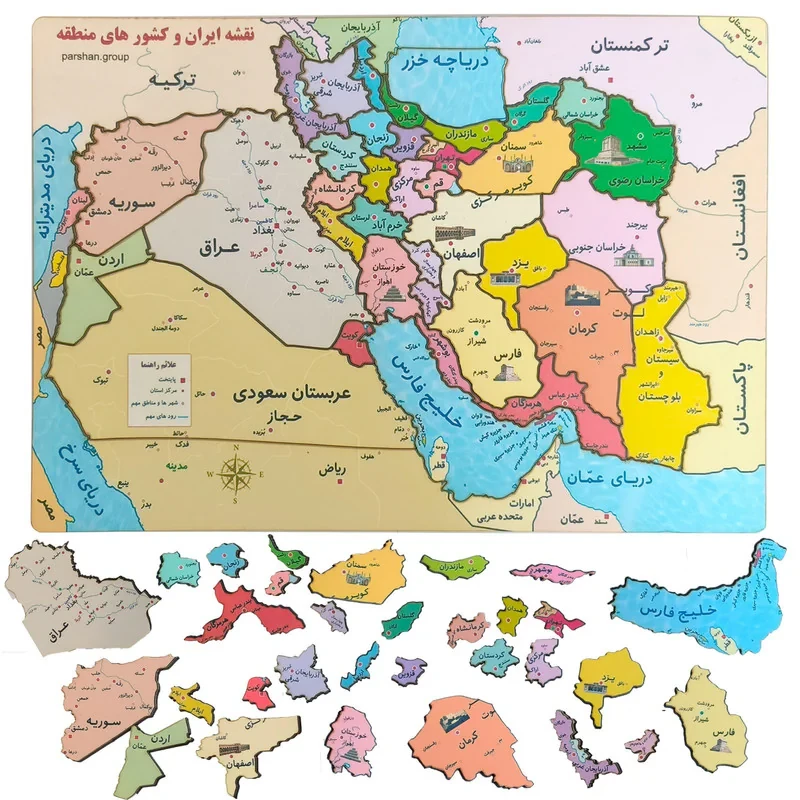 پازل 37 تکه مدل جورچین چوبی طرح نقشه ایران کشورهای همسایه