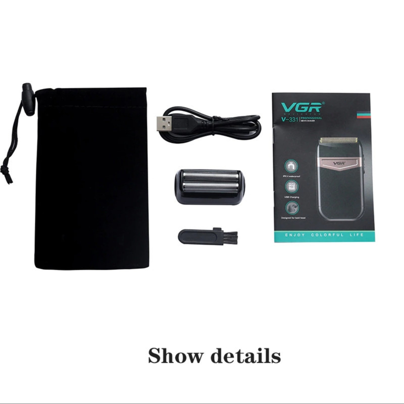 ماشین اصلاح موی صورت وی جی ار مدل 331 ضدآب با طراحی ارگونومیک، تیغه استیل پیشرفته سه‌تیغه، شارژ USB و قابلیت استفاده خشک و مرطوب
