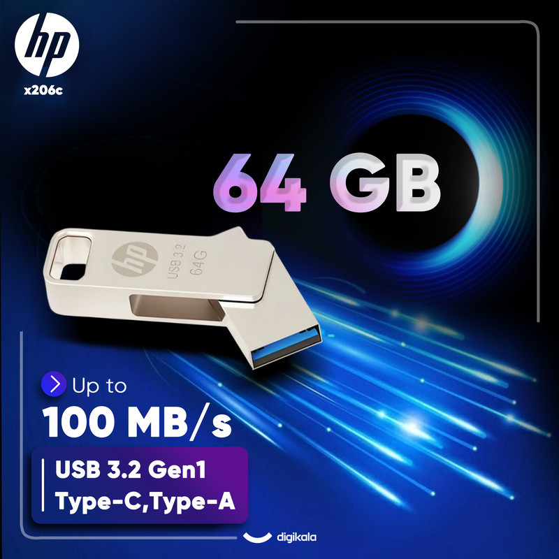 فلش مموری اچ‌پی مدل x206c ظرفیت 64 گیگابایت با طراحی چرخشی، بدنه فلزی، دو رابط USB Type-C و USB Type-A، سرعت انتقال تا 100 مگابایت بر ثانیه و سازگار با ویندوز و مک