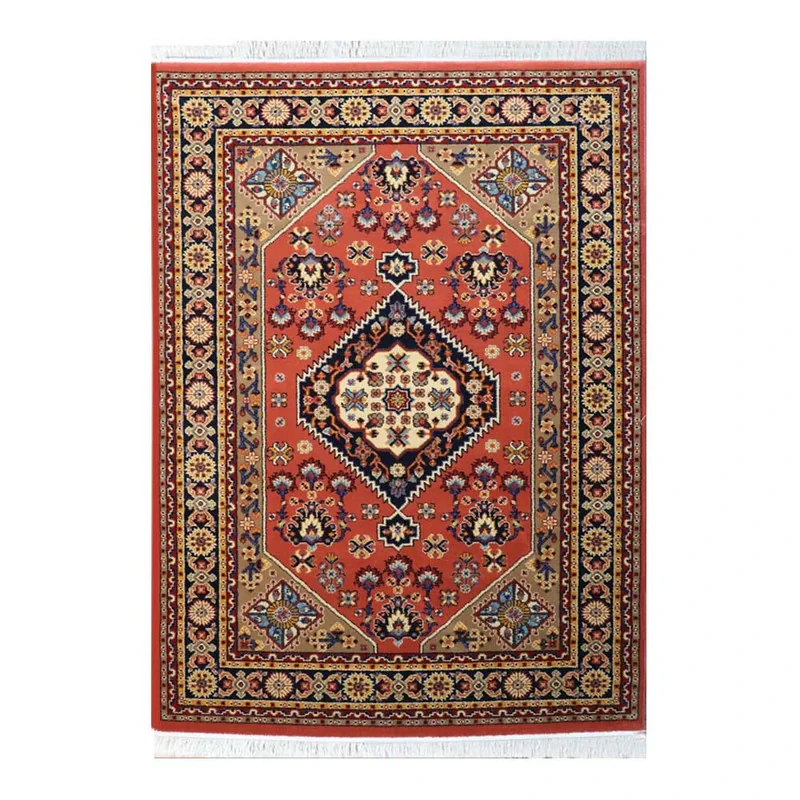 فرش ماشینی 320 شانه زمینه مسی حاشیه سرمه ای مدل ستاره کویر یزد کلکسیون شاهسون کد SH-B005-5039
