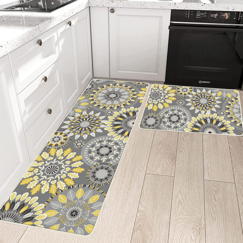 فرش ماشینی 200 شانه زمینه طوسی حاشیه زرد مدل چاپی طرح آشپزخانه اورکوم کد kitchen.5002.01 بسته دو عددی