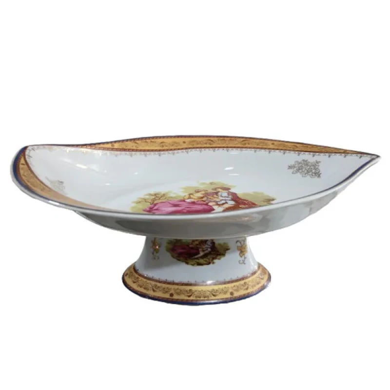 میوه‌خوری چینی پردیس کاشان پایه‌دار دفرمه برای سرو میوه، آجیل، شکلات و سالاد، ابعاد 35×25×4 سانتی‌متر، وزن 1250 گرم، شستشوی دستی، همراه جعبه