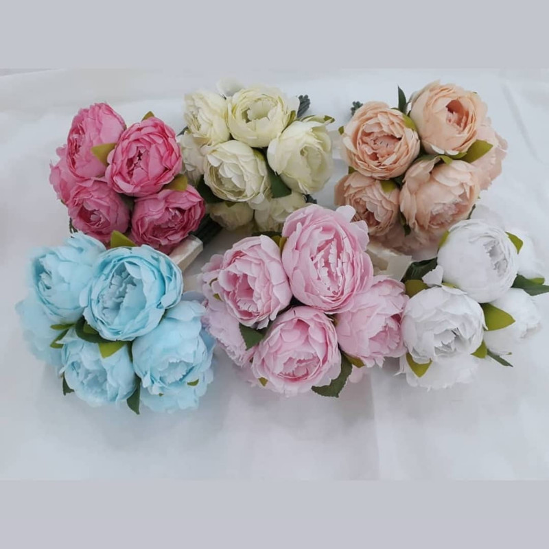 دسته گل مصنوعی مدل پیونی توپی PA_2314 پارچه‌ای با 7 گل، قابل شستشو، آهار ثابت، همراه برگ جداشونده، ابعاد 20×20×30 سانتی‌متر، وزن 600 گرم