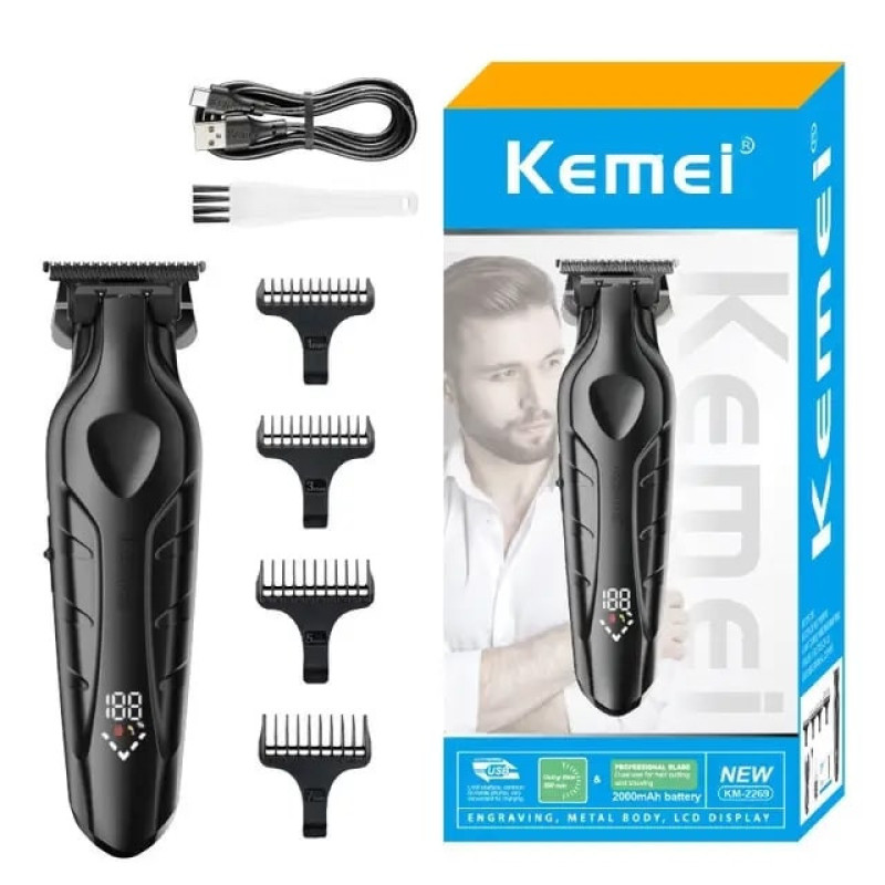 ماشین اصلاح موی سر و صورت کیمی مدل KM-2269 با تیغه کربن استیل، موتور 7000 دور در دقیقه، باتری 2000 میلی‌آمپر ساعت، نمایشگر شارژ و طراحی ارگونومیک