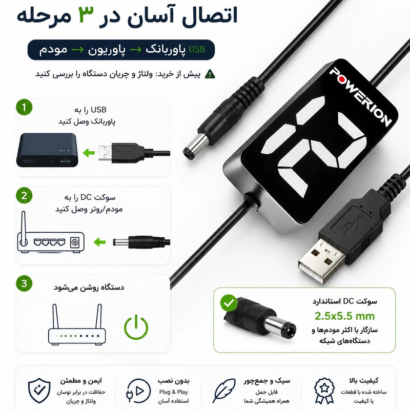 کابل تبدیل USB به ۱۲ ولت مدل POWERION Lite-12V مناسب برای مودم و کارتخوان
