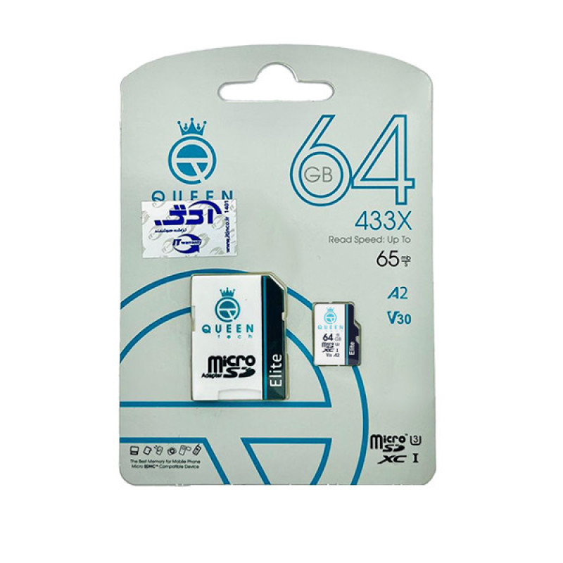 کارت حافظه Micro SD XC کوئین تک مدل A2-V30-433X کلاس 10 استاندارد UHS-l U3 سرعت 65MBps ظرفیت 64 گیگابایت به همراه آداپتور SD