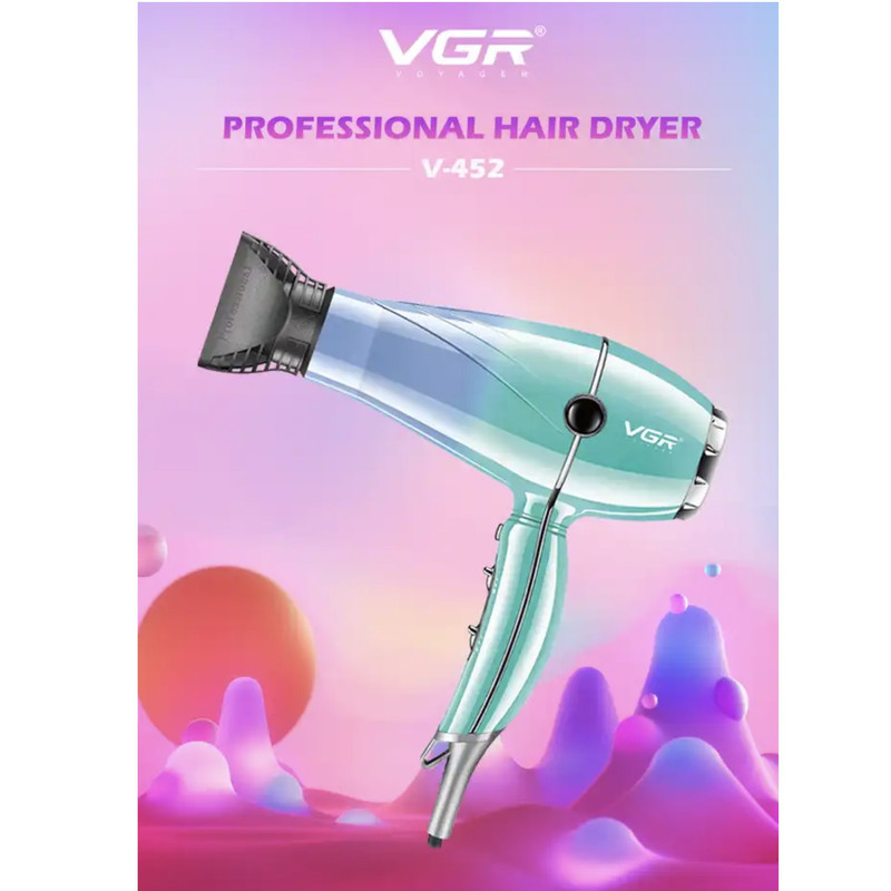 سشوار حرفه‌ای 2000 وات وی جی ار مدل V-452، موتور AC، وزن 900 گرم، دارای سری متمرکز‌کننده باریک با ویژگی صاف‌کنندگی، حجم‌دهندگی، با قابلیت باد سرد
