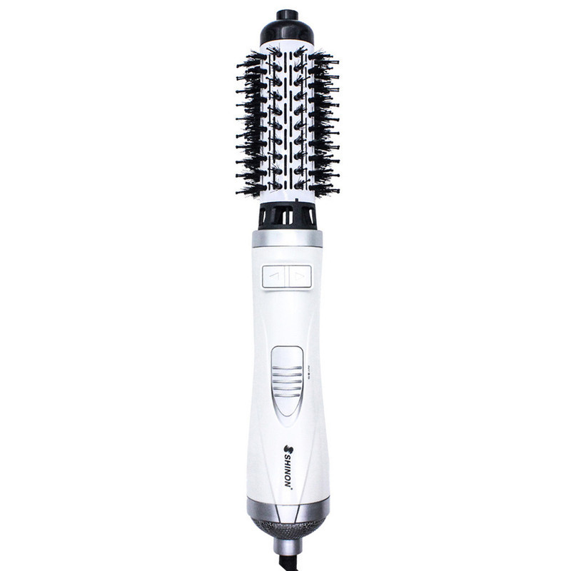 سشوار برس‌دار چرخشی 900 وات شینون مدل SH-8228، موتور AC، وزن 400 گرم، دارای سری برس‌دار گرد پهن با ویژگی صاف‌کنندگی، حجم‌دهندگی، با قابلیت تنظیم دما، سیم گردان