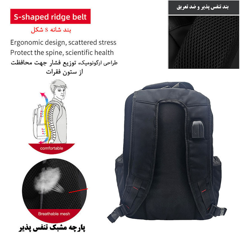 کوله پشتی لپ تاپ سیی 1966 مدل NEW کد 2373 مناسب برای لپ تاپ 14.1 تا 15.6 اینچی