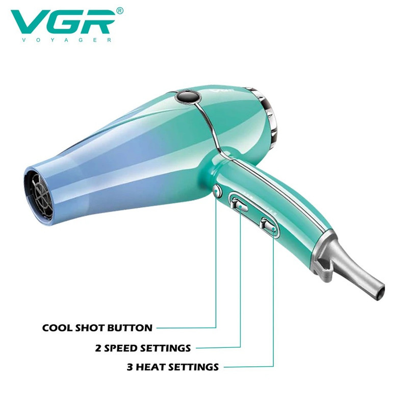 سشوار حرفه‌ای 2000 وات وی جی ار مدل V-452، موتور AC، وزن 900 گرم، دارای سری متمرکز‌کننده باریک با ویژگی صاف‌کنندگی، حجم‌دهندگی، با قابلیت باد سرد