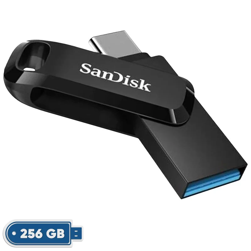 فلش مموری سن دیسک Ultra Dual Drive Go ظرفیت 256 گیگابایت با دو رابط USB Type-C و USB Type-A، طراحی چرخشی، سرعت خواندن 150 مگابایت بر ثانیه، سازگار با کامپیوتر، لپ‌تاپ، تبلت و گوشی موبایل