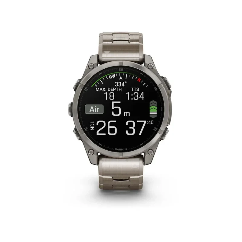 ساعت هوشمند گارمین مدل Fenix 8 - 47mm دارای قابلیت های صفحه نمایش لمسی، کنترل موسیقی، کنترل سطح اکسیژن خون، ضد آب، بند تیتانیوم