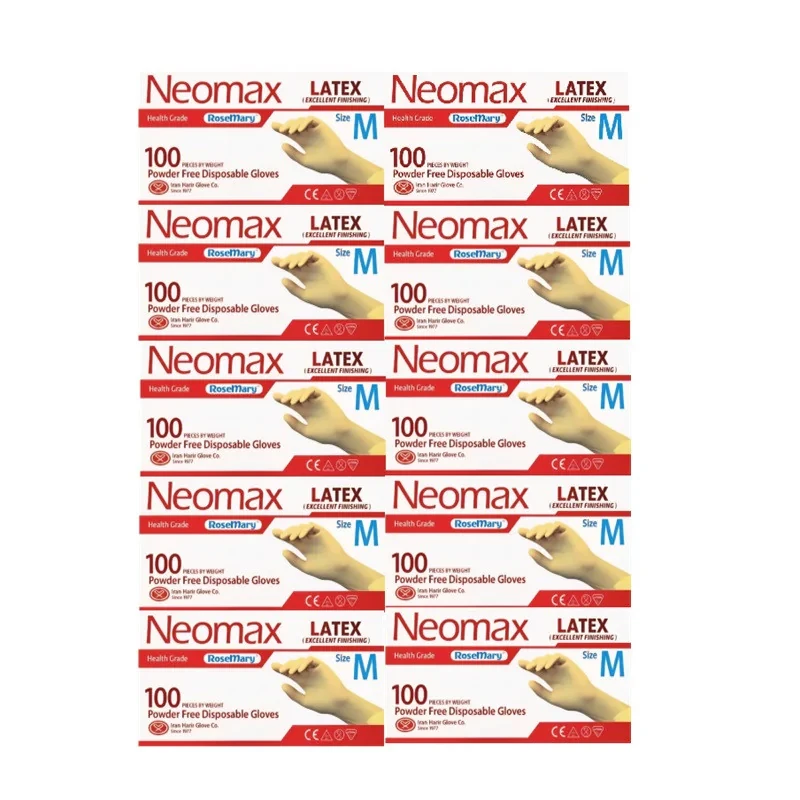 دستکش لاتکس غیر پودری حریر مدل نئومکس سایز متوسط (M) 10 بسته 100 عددی