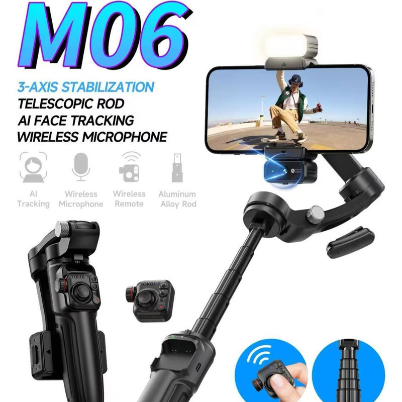 گیمبال و استابیلایزر هوشمند توکی مدل M06 AI 3-Axis به همراه دوربین دنبال کننده و میکروفون و فلش