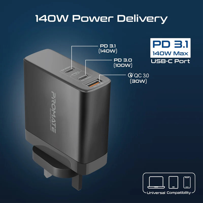 شارژر دیواری ۱۴۰ وات پرومیت مدل GANCHARGE-140W