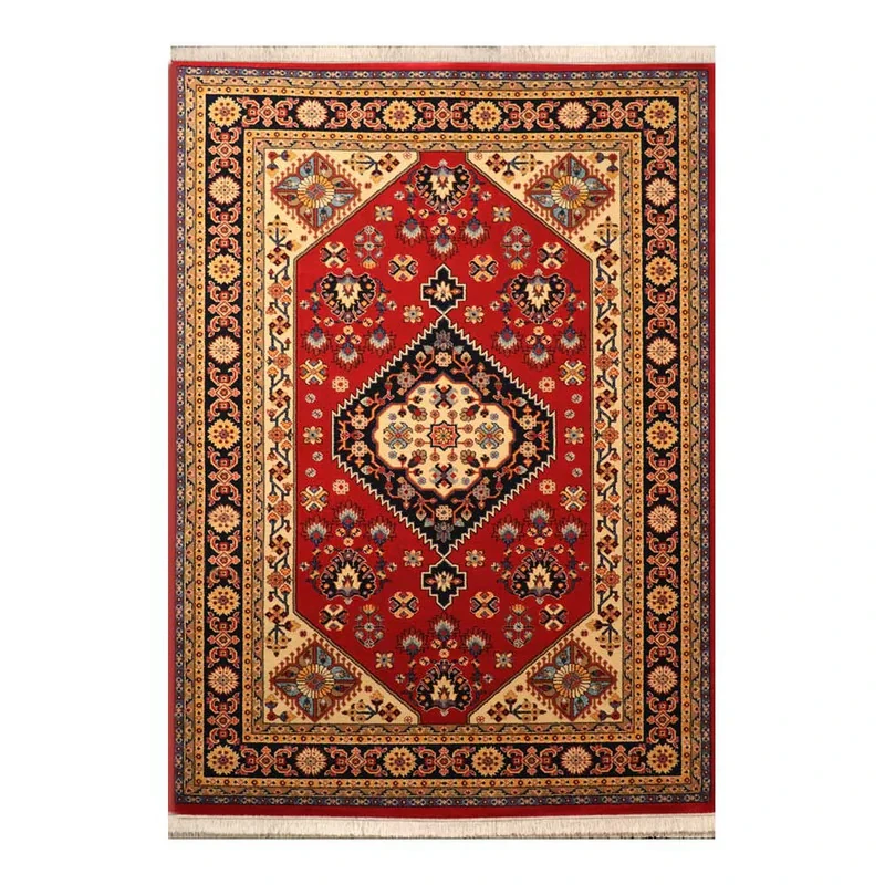 فرش ماشینی 320 شانه زمینه لاکی حاشیه کرم مدل ستاره کویر یزد کلکسیون شاهسون کد SH-B005-5059
