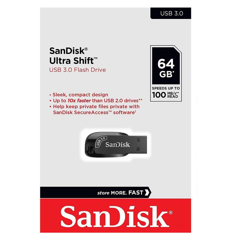 فلش مموری 64 گیگابایت سن دیسک مدل ULTRA SHIFT CZ410 با رابط USB 3.1، سرعت خواندن 100 مگابایت بر ثانیه، نرم‌افزار امنیتی SanDisk SecureAccess و بازیابی فایل RESCUEPRO Deluxe، مناسب ضبط خودرو و تلویزیون