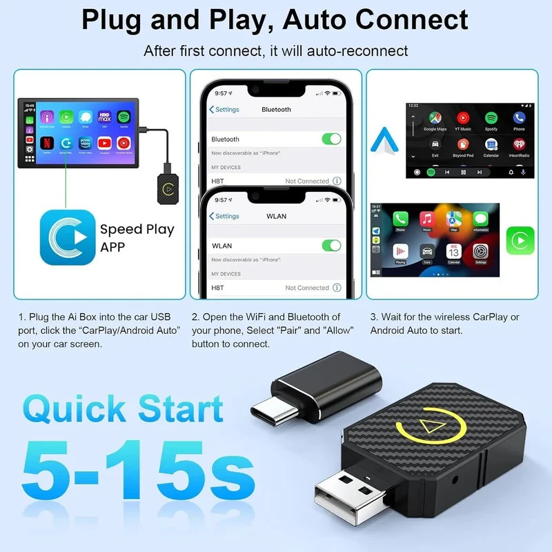 کارپلی و اندروید اتو مدل Wireless CarPlayAndroid Auto Q1M به همراه مبدل USB به USB-C