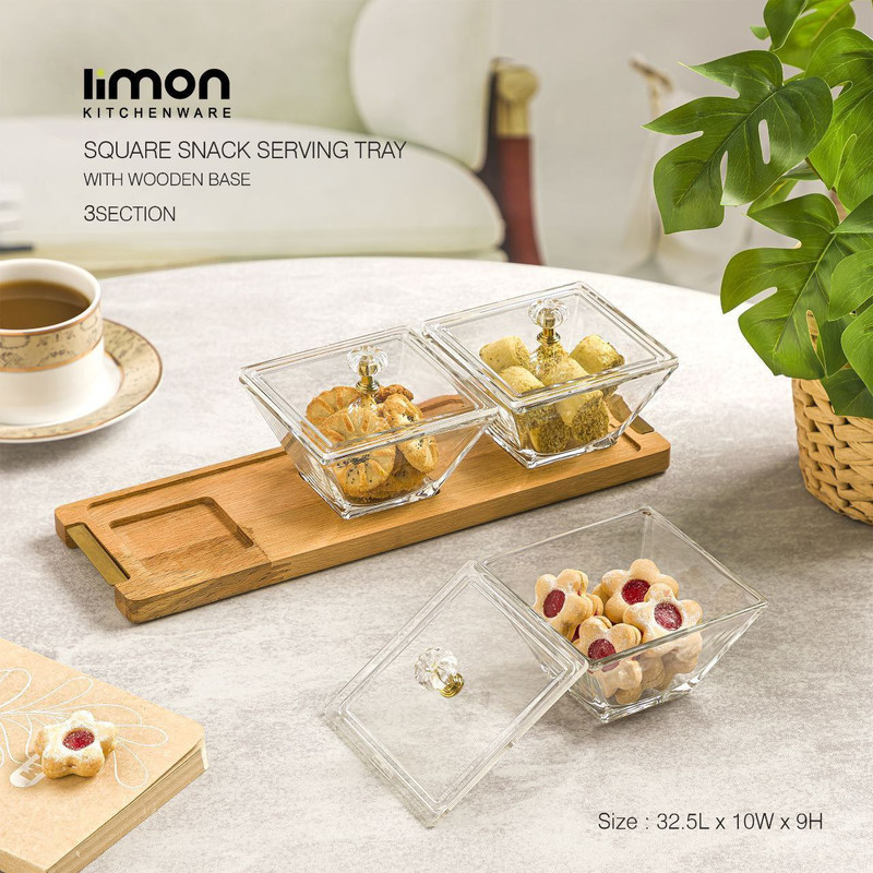 اردوخوری لیمون مدل FIDOKA-2242، با 3 خانه مربع شیشه‌ای، در اکریلیک و پایه چوبی، مناسب سرو پنیر، ابعاد 32×10×9، قابل شستشو با دست و ماشین ظرفشویی