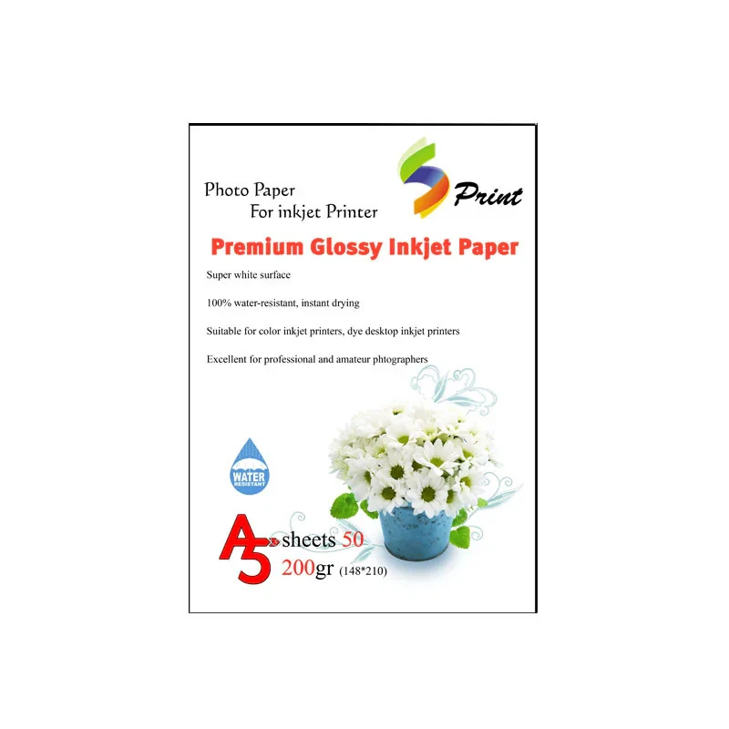 کاغذ عکس اس پرینت مدل پریمیوم گلاسه 200 گرم PG200 سایز A5 بسته 50 عددی