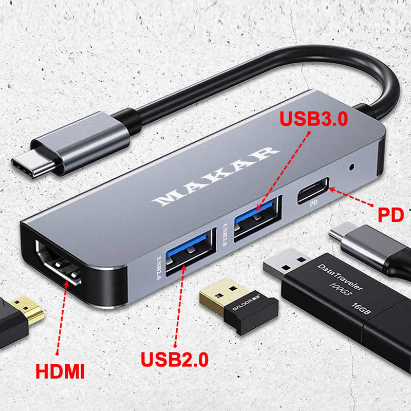 هاب ۴ پورت و مبدل USB-C به HDMI ماکار مدل MK-S-HDMI