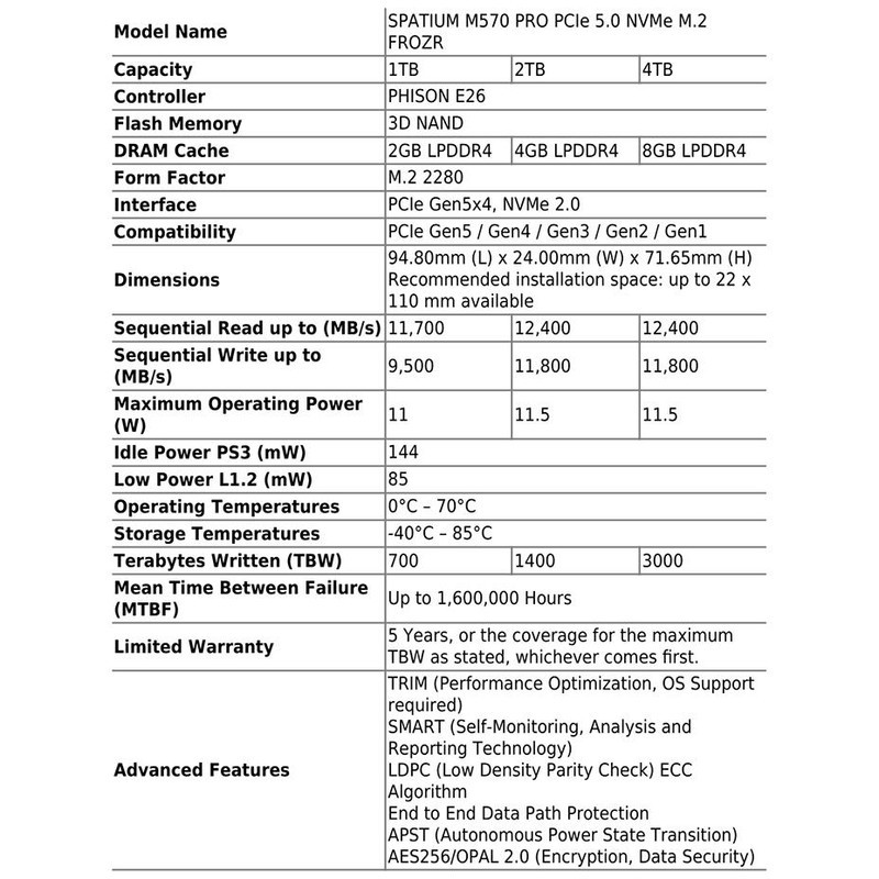 اس اس دی اینترنال PCIe Gen5 x4 ام اس آی مدل SPATIUM M570 PRO FROZR ظرفیت 2 ترابایت